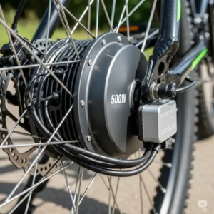 Close-up of a hub motor on a 500w e bike wheel, highlighting the electric component that provides pedal assist and throttle power.