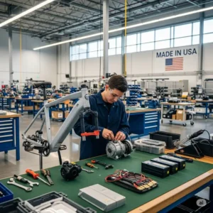 A skilled technician carefully assembles the motor and battery components for new e bikes made in the usa in a clean, well-lit American factory.