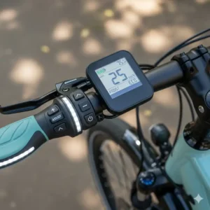 Close-up of a women’s e-bike handlebar, showing an easy-to-read display and intuitive controls. The design features an ergonomic grip and integrated lights for safety.