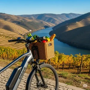 A close-up of a douro river ebike with a basket, parked on a paved path with a breathtaking view of the valley and its rolling hills.