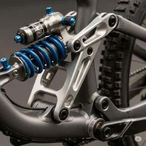 A close-up of the rear suspension system of a best full suspension ebike.