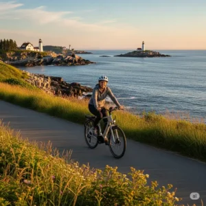 A person riding electric bikes of new england along the coast, with a view of the ocean and lighthouses in the background.