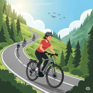 An illustration of a person effortlessly riding an ebike up a steep, winding hill on a guided ebike tours, showcasing the bike's pedal-assist power.