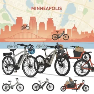 An illustration displaying various electric bikes minneapolis, including commuter, mountain, and cargo e-bikes.