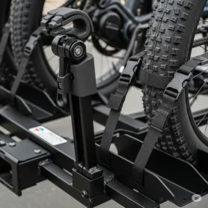 A close-up of a hitch mount e bike rack with ramp, showing the strong arm clamps and wheel straps designed to secure heavy electric bikes.