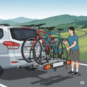 An illustration of a hitch-mounted 5 bicycle carrier installed on the rear of an SUV, highlighting its stability and ease of use.
