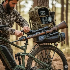 A hunter securing their rifle case and backpack to the sturdy frame of an electric hunting bike, highlighting its cargo capacity. This shows the convenience of the best ebike for hunting.