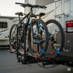 A close-up of a two-bike hitch-mounted rv bike rack specifically designed for the back of an RV.