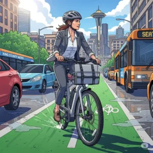 An illustration of a professional woman wearing a helmet and business attire, effortlessly navigating downtown Seattle traffic on her seattle e bike. The image highlights the efficiency and ease of using an electric bicycle for daily commutes in the city.