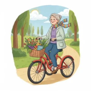 An illustration of a senior woman riding a stable tricycle, a great option for bicycles for seniors.