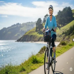 A senior woman with a wide grin confidently rides her electric bike for senior citizen on a scenic path, enjoying the assisted pedaling.