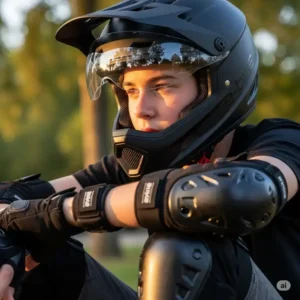 A close-up shot of a teen wearing a helmet, elbow pads, and knee pads, emphasizing the importance of safety gear when riding an electric bike for teens.
