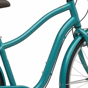 A close-up of the low, curved frame of a women's step-through bike, highlighting the design for easy mounting and dismounting.