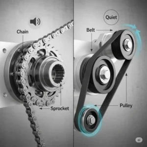 A visual comparison between a traditional chain drive and a quiet, clean belt drive, illustrating the key differences in their mechanics.