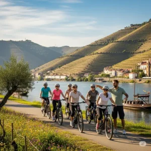A small group of friends and family, led by a local guide, enjoy a leisurely douro river ebike tour.