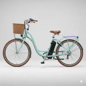 Side view of a step-through e-bike for women, highlighting its low-slung frame. This design makes it simple to get on and off, particularly when wearing skirts or carrying a bag.