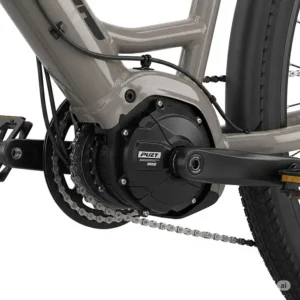 The mid-drive motor of a best full suspension ebike is shown, highlighting its central placement.