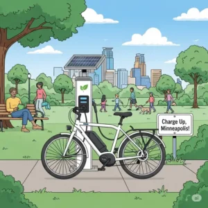 An illustration of an electric bikes minneapolis being charged at a public charging station in a Minneapolis park, emphasizing convenience and eco-friendliness.