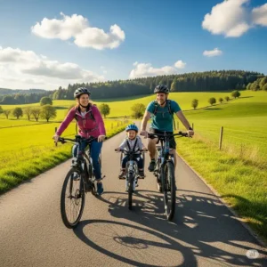 A family with two parents and a child on ebikes, exploring a beautiful countryside landscape together on a fun and active ebike tours.