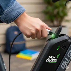 An image of a hand plugging a charger into the battery of an electric bike, highlighting the fast-charging feature essential for a teen's busy schedule.