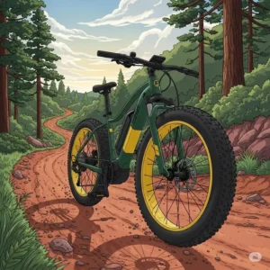 An illustration of an all-terrain fat tire electric bike on a dirt trail.