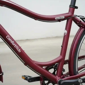 A close-up view of a bicycles for seniors frame with a very low step-through design.