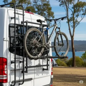 A practical ladder rv bike rack installed on the rear ladder of a camper, holding one bicycle.