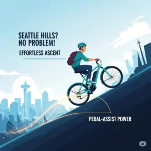 An animated graphic showing a rider on a seattle e bike easily climbing one of Seattle's famously steep hills. The visual emphasizes the pedal-assist feature that makes riding an electric bike accessible and less strenuous, even on challenging terrain.
