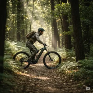 A side view of a hunter on a quiet, electric bike navigating a narrow woodland trail, demonstrating the silent operation of the best ebike for hunting.