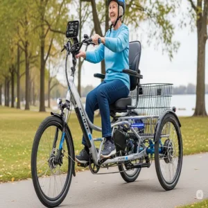 An image showing a stable, three-wheel electric bike for senior citizen, providing extra balance and security.