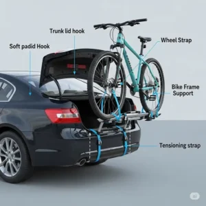 An illustration of a trunk-mounted 5 bicycle carrier attached to a sedan's rear, demonstrating how to secure a bicycle.