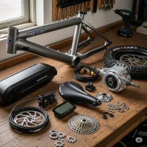 A collection of premium components for e bikes made in the usa, including a durable frame, powerful motor, and long-lasting battery, laid out on a workbench.