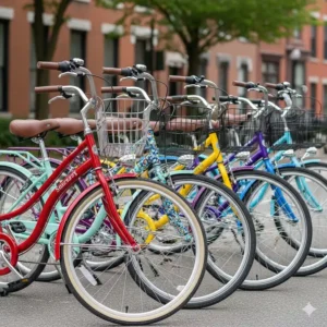 A row of colorful women's step-through bikes parked together, showing various paint options.