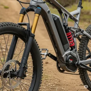 Detailed view of the front and rear suspension on a powerful 1500w electric bike, designed for smooth off-road riding.