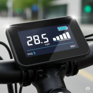 A clear view of a modern LCD display on a 48v ebike, showing speed, battery life, and pedal assist levels.