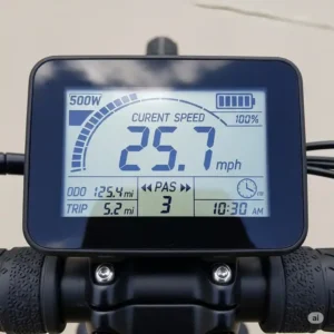 A digital LCD display on a 500w e bike's handlebars, showing the current speed, battery level, and pedal assist settings.