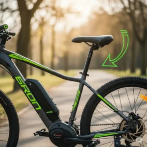 A side view of an electric bike for teens with an arrow pointing to the adjustable seat post, illustrating the bike's ergonomic design that accommodates different heights.