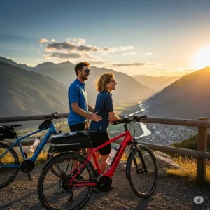 A couple on their ebikes parked at a panoramic viewpoint, admiring the stunning scenery during their romantic ebike tours.