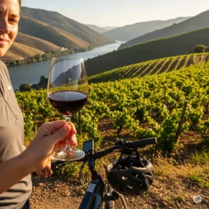 A person holding a glass of port wine in a vineyard, taking a break from their douro river ebike journey.