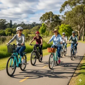 A group of women of different ages riding various types of electric bikes—including city commuters and mountain e-bikes—on a paved trail. They're enjoying a leisurely ride together.

