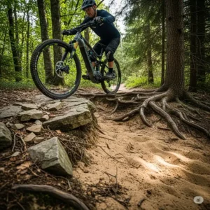 A rider on a best full suspension ebike navigates rocky and root-covered terrain.
