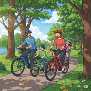  An illustration of a family, including children, enjoying a leisurely ride on electric bikes minneapolis through a lush Minneapolis park or trail.