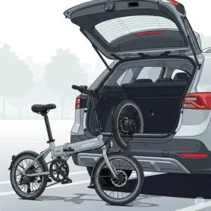 An illustration of a compact folding e-bike next to a car trunk, highlighting its portability.