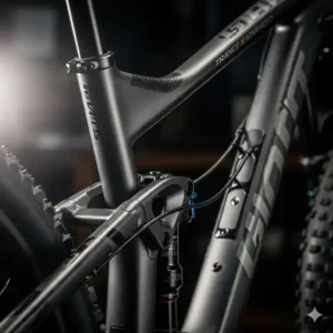 A detailed photo of the carbon frame of a Giant Trance X Advanced, focusing on the craftsmanship and internal cable routing that keeps the bike looking clean and protected.