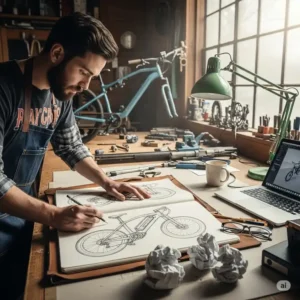 A designer at a small, independent American workshop sketches a new concept for e bikes made in the usa, emphasizing the attention to detail in its design.