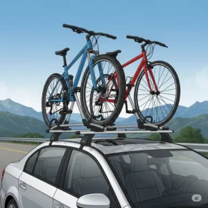 An illustration showing a roof rack 5 bicycle carrier system on a car, with two bicycles mounted securely on the roof for transport.