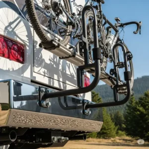 An image of a durable rv bike rack bolted directly to the square bumper of an RV, showcasing its simple but secure attachment.