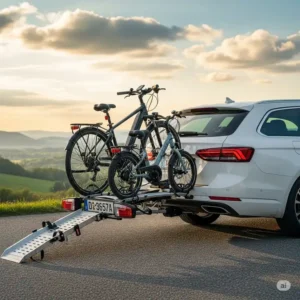 A rear view of a car with two different sized e-bikes, demonstrating how an e bike rack with ramp can accommodate multiple bikes.