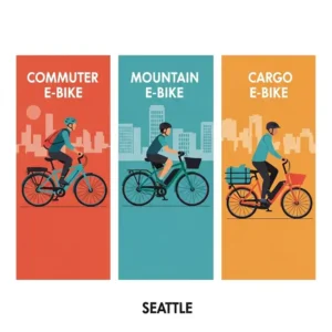 An infographic illustrating three popular types of electric bikes suited for Seattle's landscape: a commuter bike, a mountain e-bike, and a cargo e-bike. The graphic helps potential riders understand the different options available for their specific needs, using the term seattle e bike.