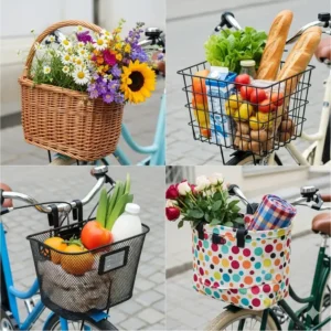 Various styles of baskets for women's step-through bikes, including wicker, wire, and fabric options, shown with flowers or groceries.